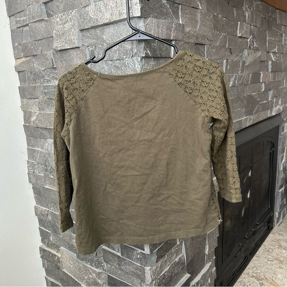 Free People Olive Green Lace Top w/ Aztec Embroidery Details - Picture 3 of 3